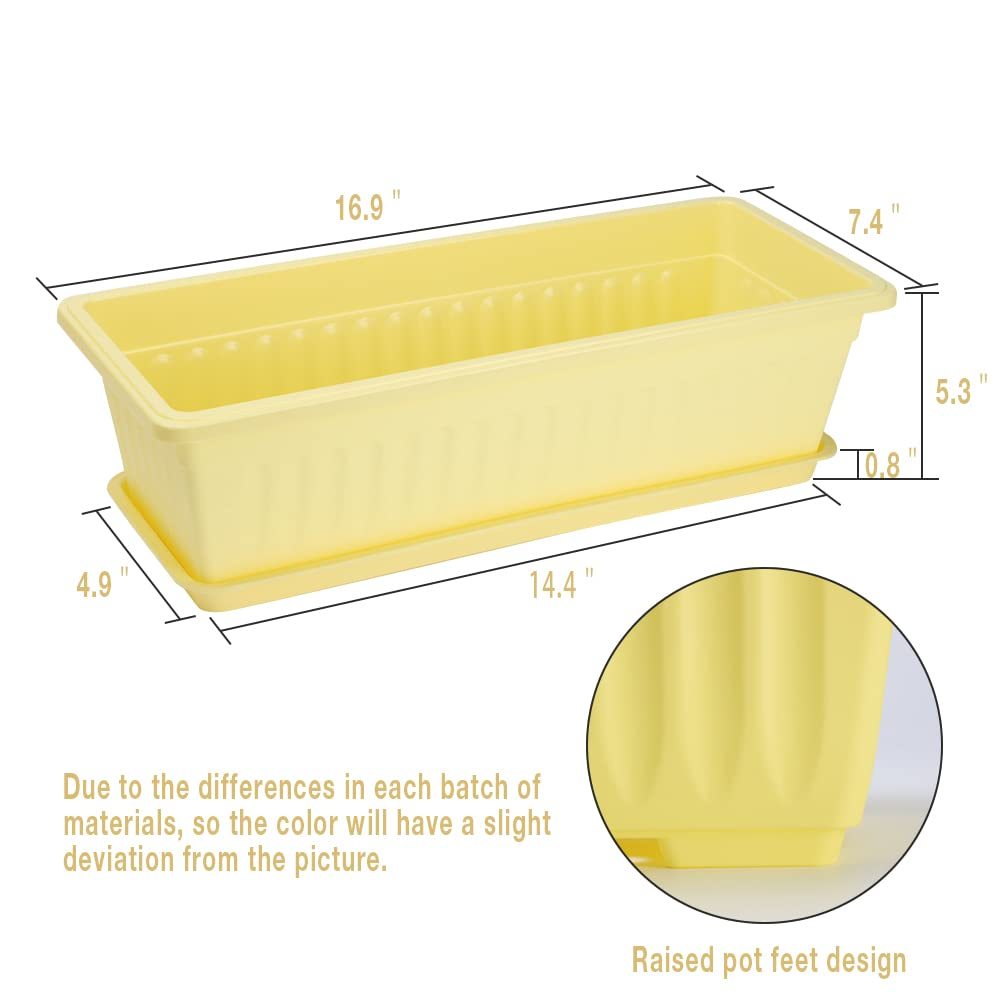 6 Pack 17 Inch Yellow Rectangular Plastic Planter Boxes with Tray, Flower Vegetable Pots for Windowsill Patio Balcony Indoor Outdoor