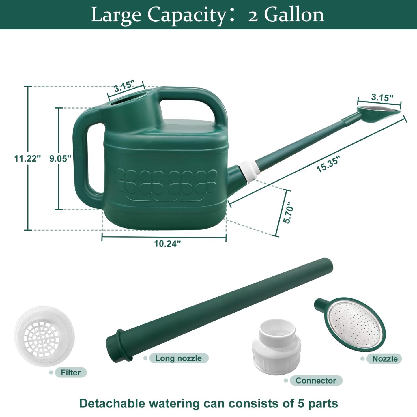 2 Gallon Plastic Watering Can, Large Garden Water Can with Removable Long Spout & Stainless Steel Sprinkler Head for Outdoor Flower Plants