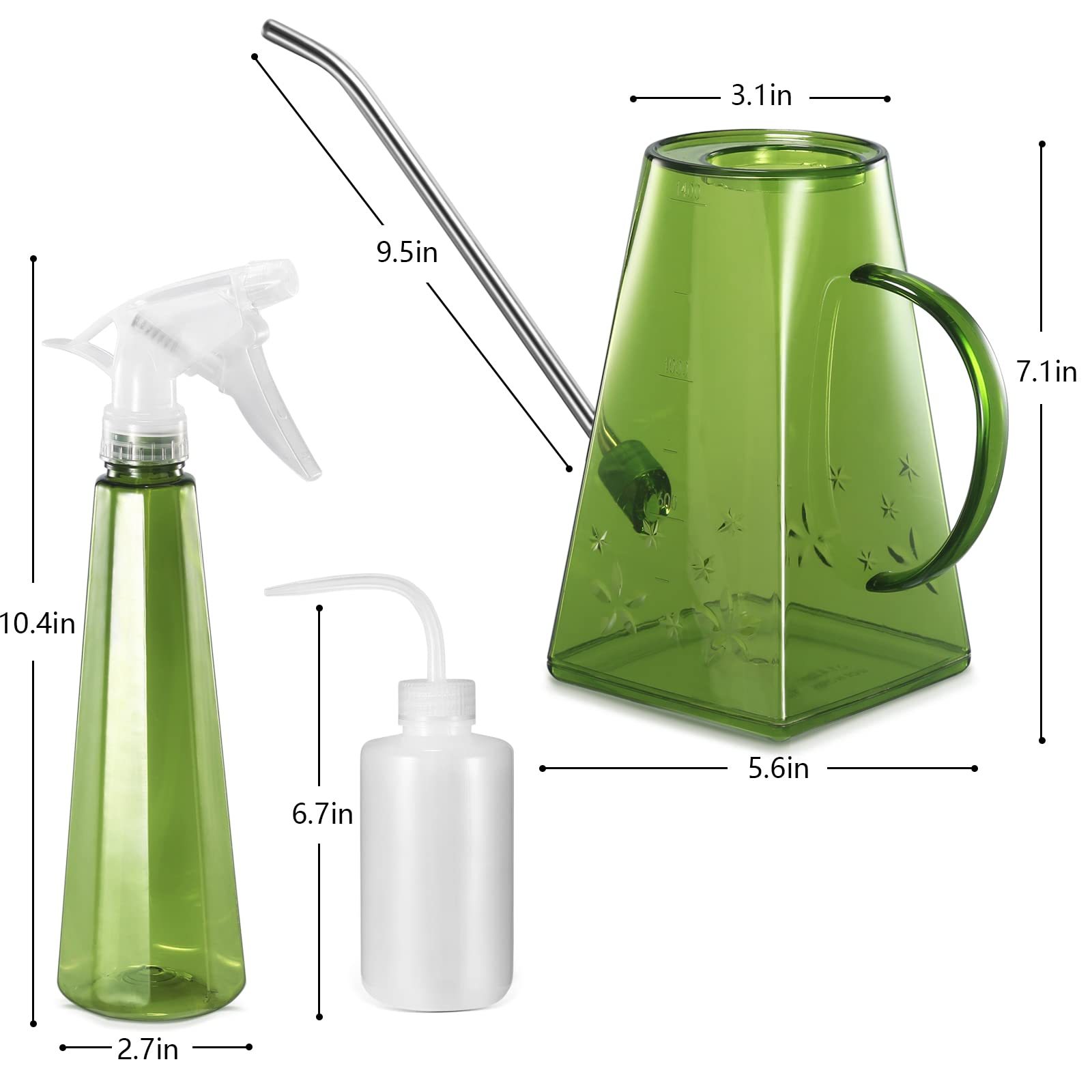 47oz Plastic Watering Can with Long Spout & Wide Opening, Green, Comes with 16oz Spray Bottle + 8.5oz Squeeze Bottle for House Plants