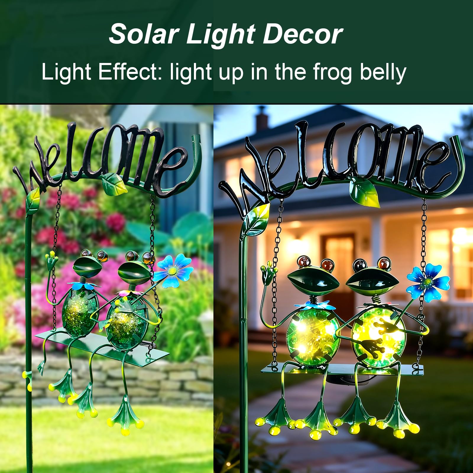48 Inch Solar Frog Swing Garden Stake, Waterproof Outdoor Landscape Lights with Welcome Sign, Decorative Yard Patio Ornament, Gift for Mom & Women
