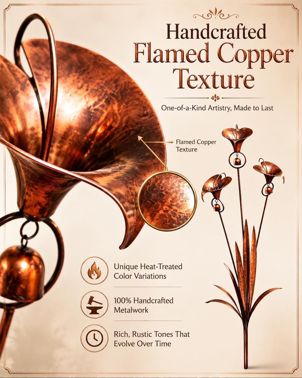 24 Inch Handmade Flamed Copper Calla Lily Garden Stake, 3 Flowers with Bells & Rain Catcher, Rustic Metal Yard Art Sculpture, Wind Chime Ornament & Gift