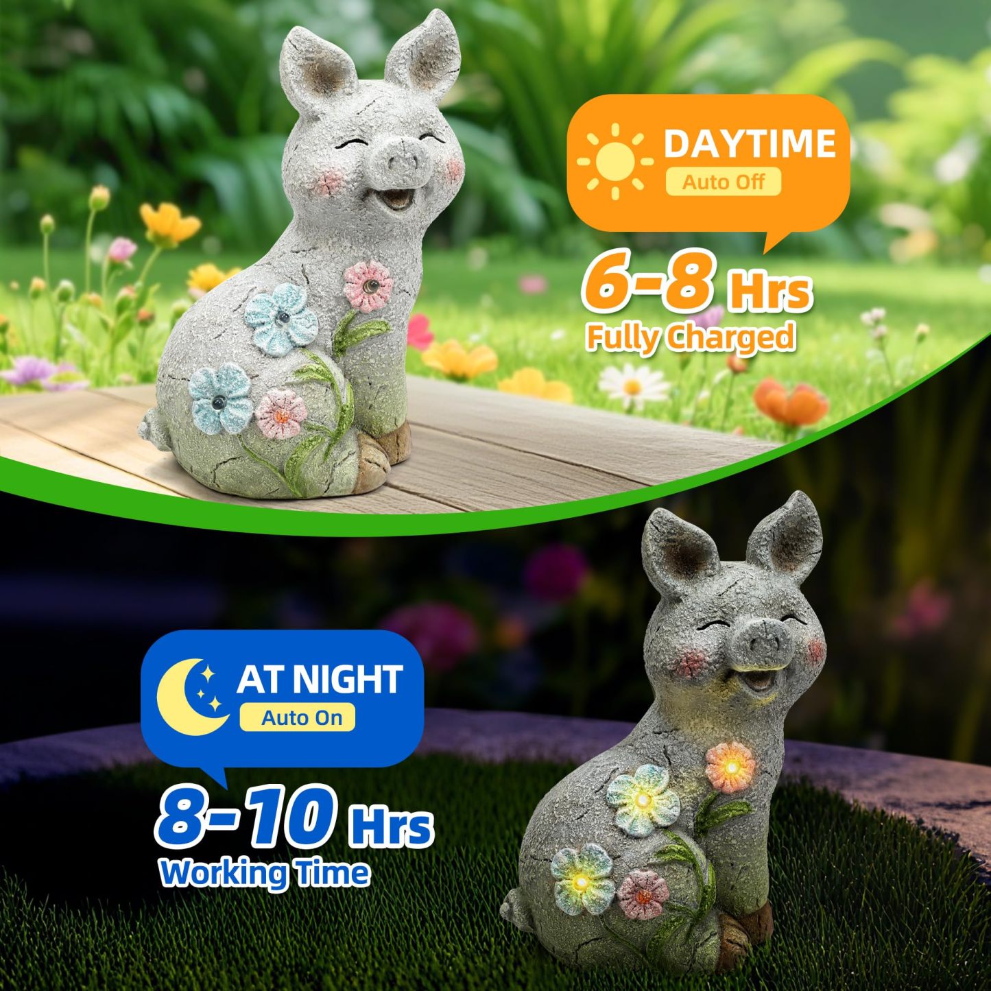 Solar Powered Pig Statue with LED Lights, Outdoor Resin Pig Figurine Garden Decor for Yard Lawn Patio Balcony, Unique Birthday Housewarming Gift for Mom & Women
