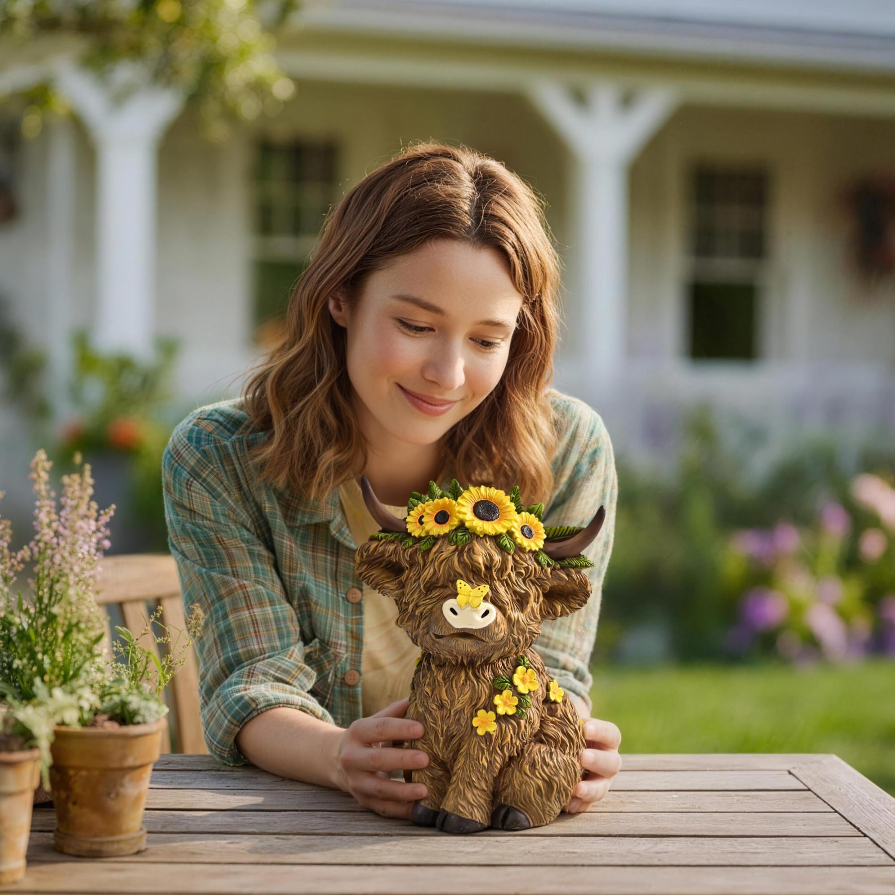 8 Inch Highland Cow Statue, Resin Highland Cow Figurine Indoor Outdoor Decor for Patio Yard Lawn Windowsill, Lovely Garden Gift for Mom & Friends