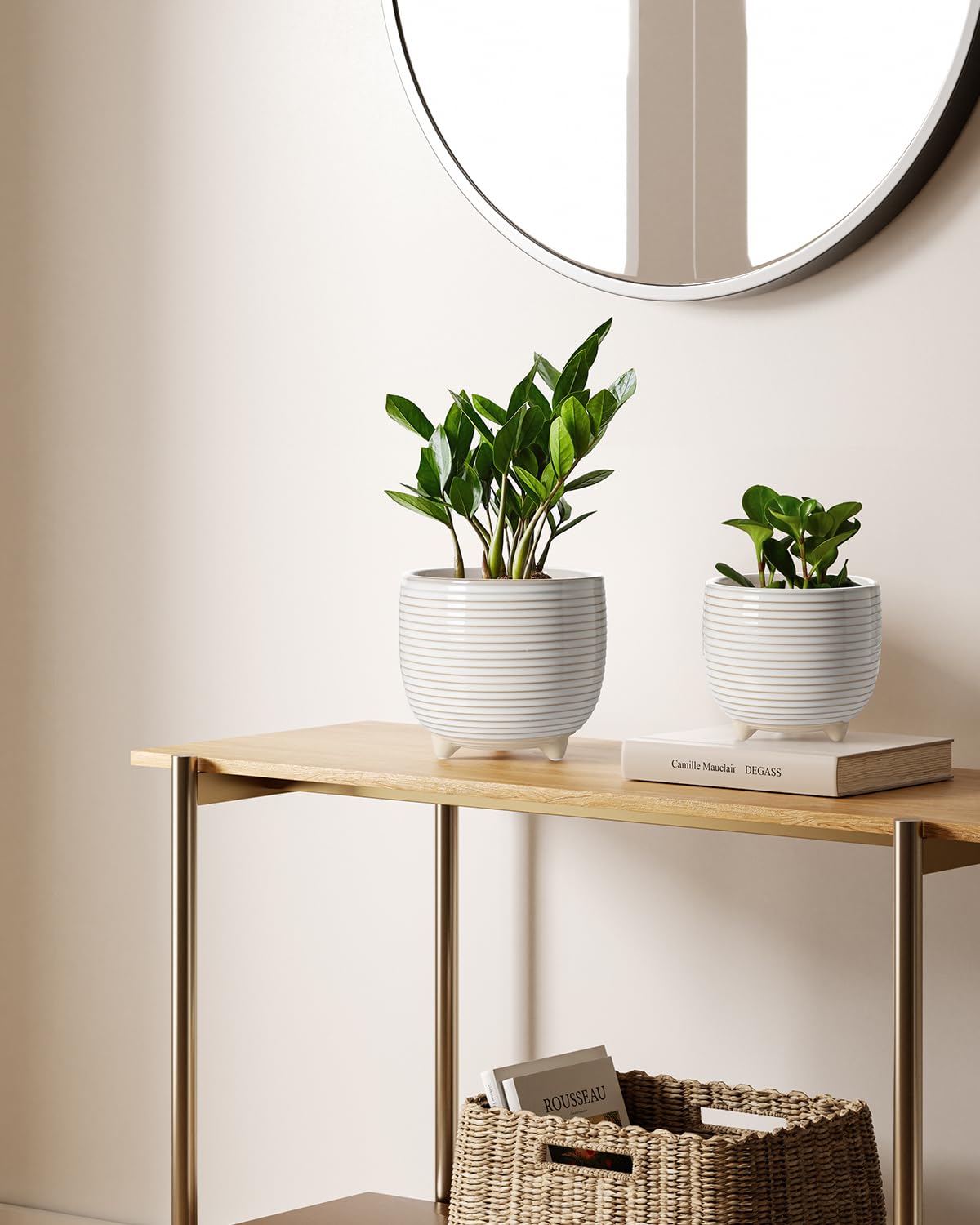 White Ceramic Plant Pots, 5.1 + 6.4 Inch Footed Planters, Modern Flower Pots with Drainage Holes, Reactive Glaze Indoor Planters for Home & Office