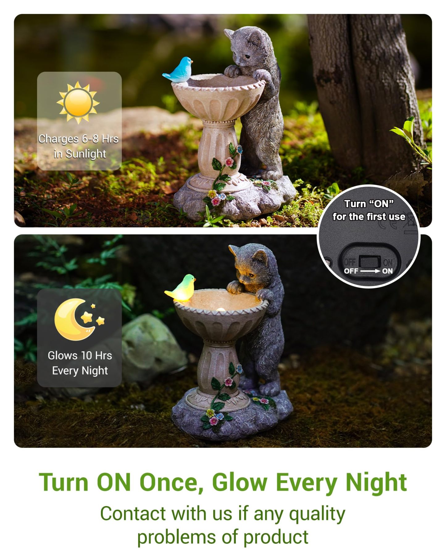 Solar Powered Cat Garden Statue with Auto LED Lights, IP44 Waterproof Resin Outdoor Figurine for Yard Patio Balcony, Unique Birthday Gift for Mom, Grandma & Bird Lovers