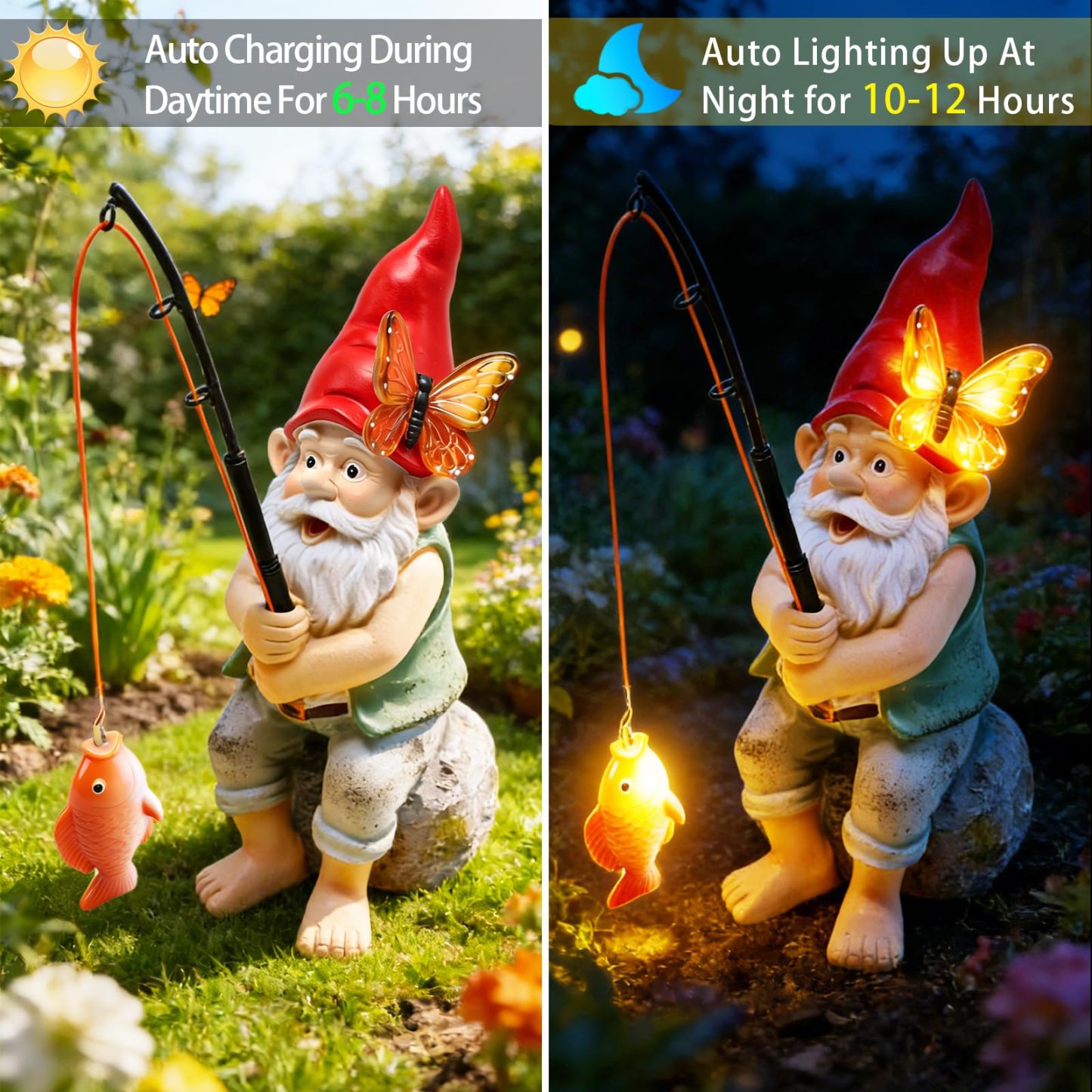Solar Fishing Garden Gnome Statue with Butterfly Solar LED Lights, Waterproof Outdoor Figurine Ornament for Yard Patio Lawn Porch Decor, Perfect Mother’s Day & Birthday Gifts for Mom Women
