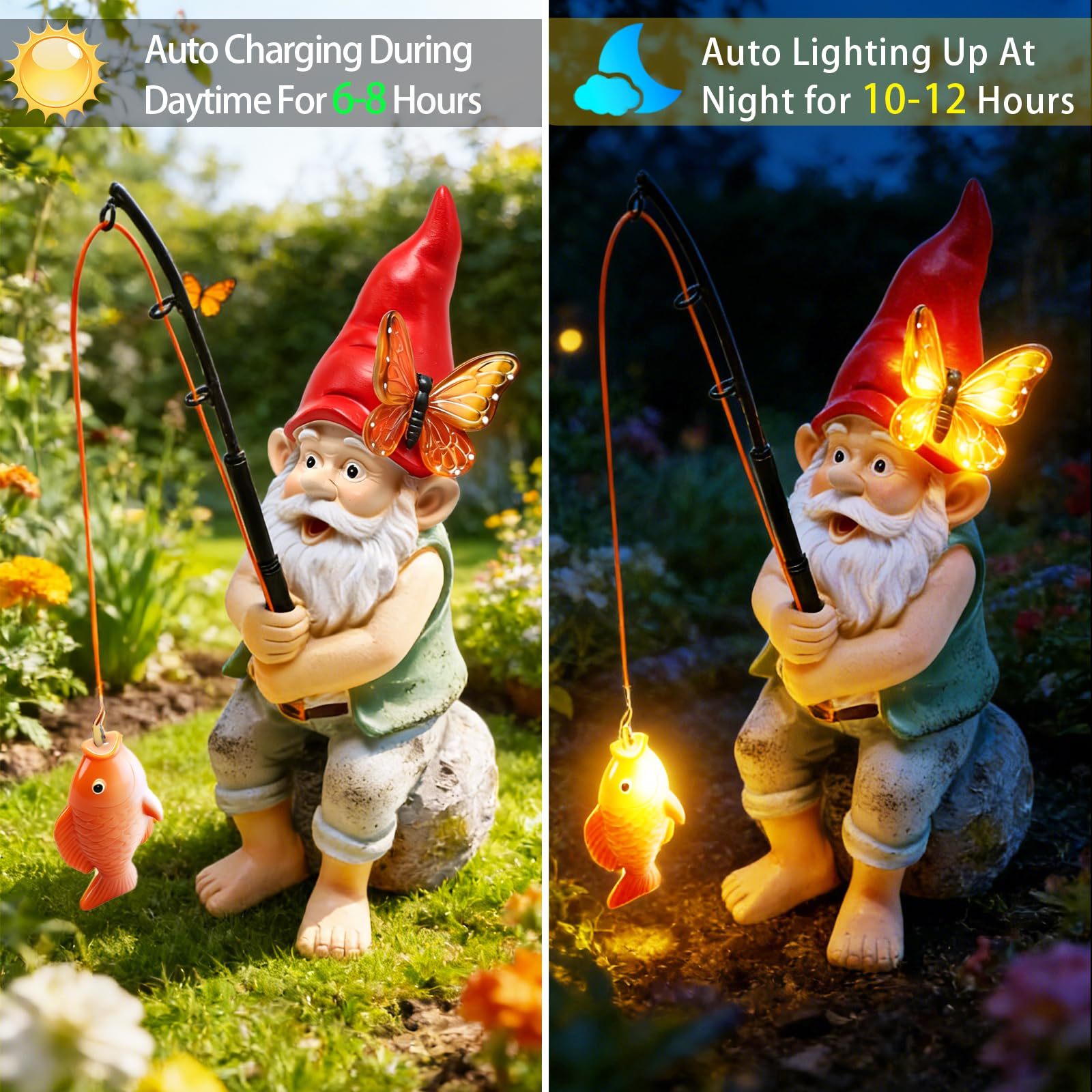 Solar Fishing Garden Gnome Statue with Butterfly Solar LED Lights, Waterproof Outdoor Figurine Ornament for Yard Patio Lawn Porch Decor, Perfect Mother’s Day & Birthday Gifts for Mom Women