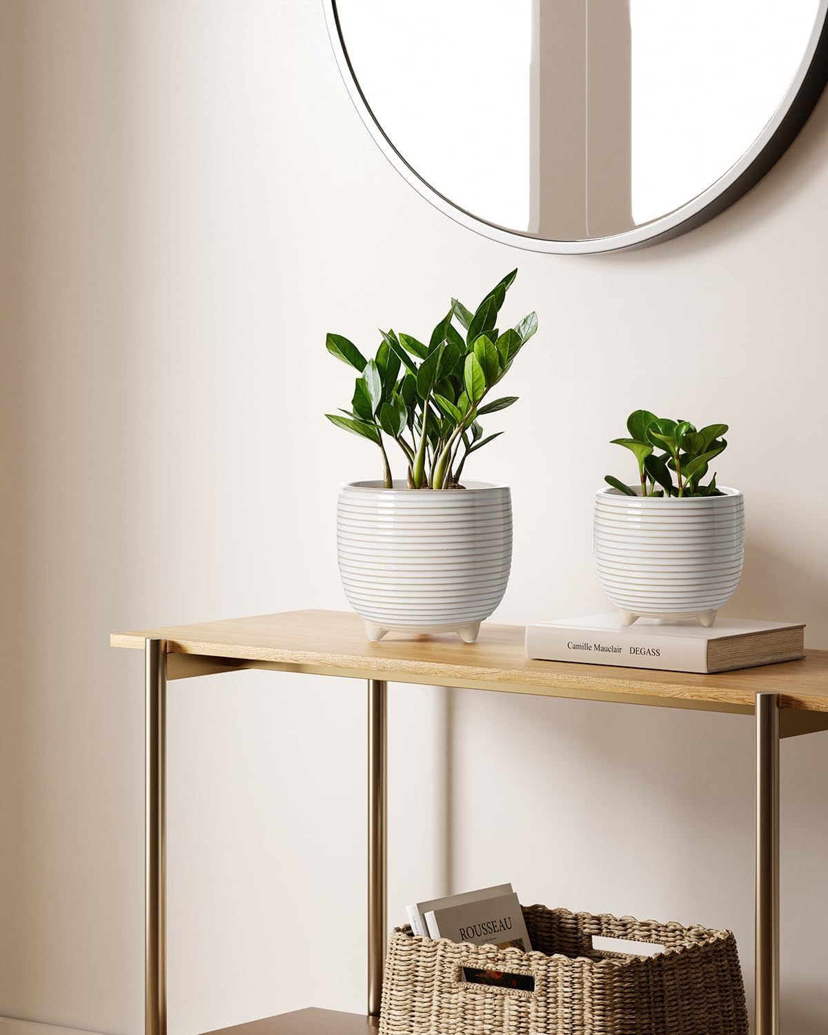 White Ceramic Plant Pots, 5.1 + 6.4 Inch Footed Planters, Modern Flower Pots with Drainage Holes, Reactive Glaze Indoor Planters for Home & Office
