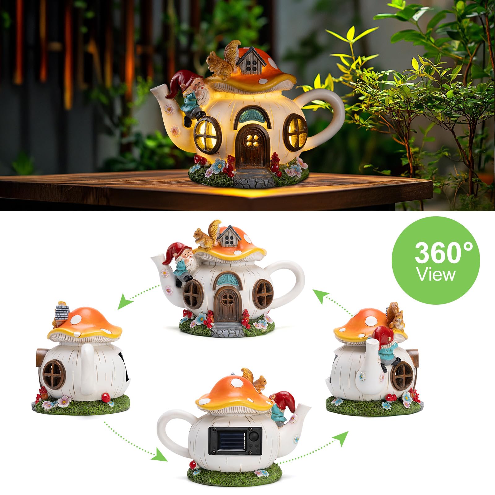 Solar Fairy House Statue with Gnome & Squirrel Figurines, Waterproof Outdoor Fairy Garden Accessories for Yard Patio Lawn Balcony, Gifts for Mom & Grandma