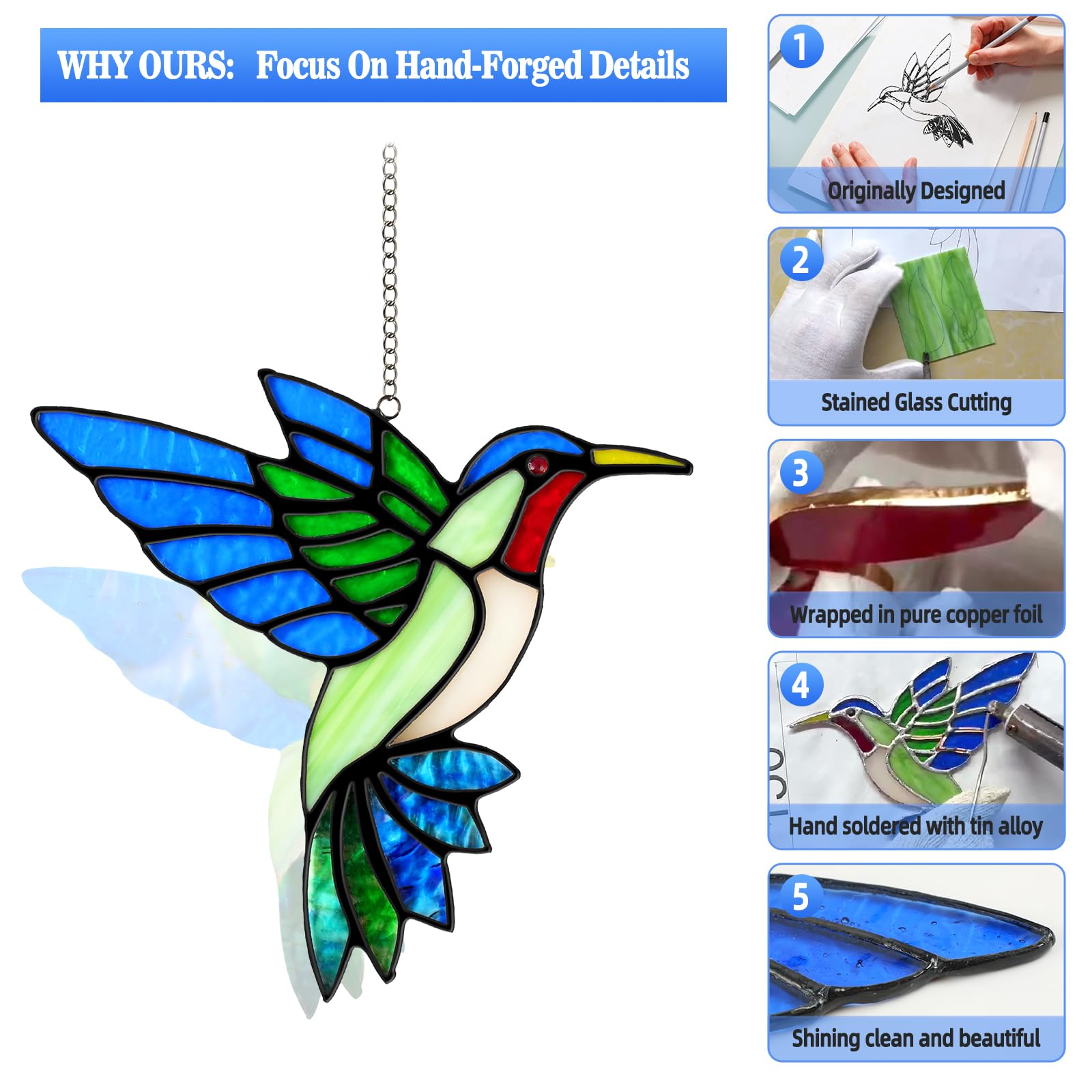 2 Pack Handmade Hummingbird Stained Glass Suncatcher, 6 Inch Glass Window Hanging Ornament with Copper Foil Edges, Suction Hooks Included, Bird Lover Gift for Mom Grandma Women