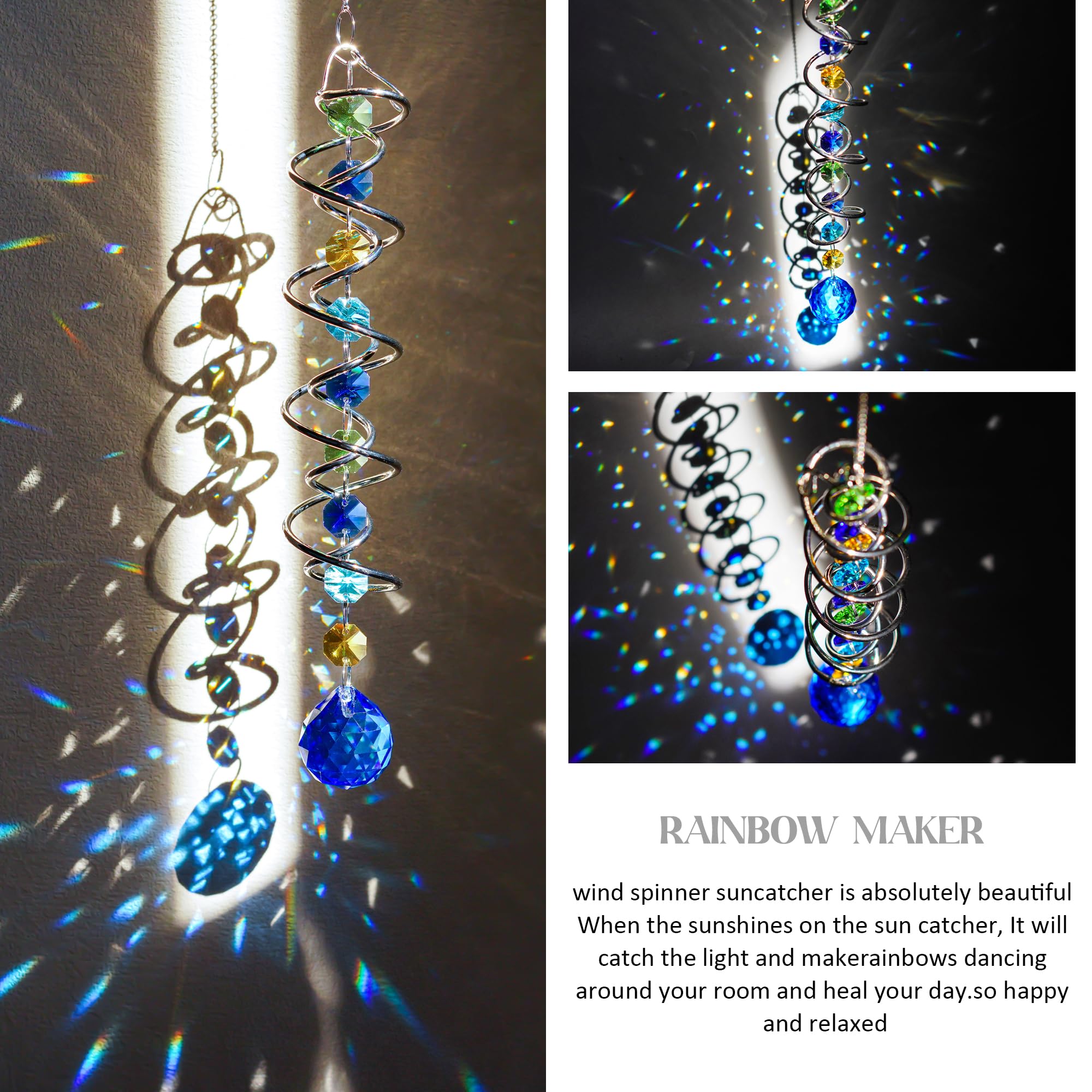 20.5 Inch Double Spiral Wind Spinner with Sea Blue Crystal Gazing Ball, Hanging Sun Catcher Rainbow Maker for Indoor Outdoor Decor
