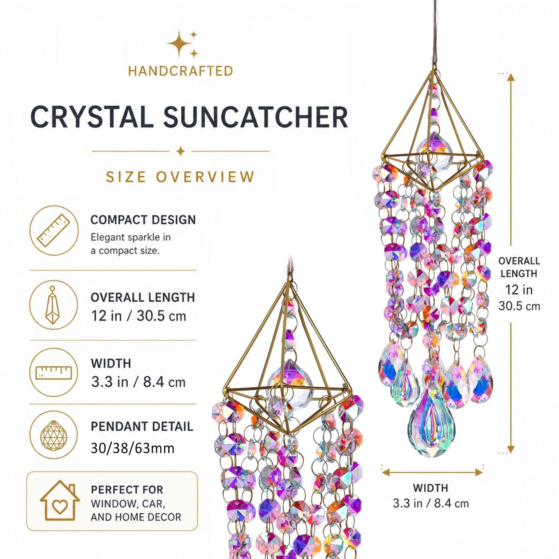 Handmade Gold Plated Crystal Suncatchers | Window Hanging Rainbow Prism Sun Catcher, Indoor Outdoor Garden Wind Chime Decor
