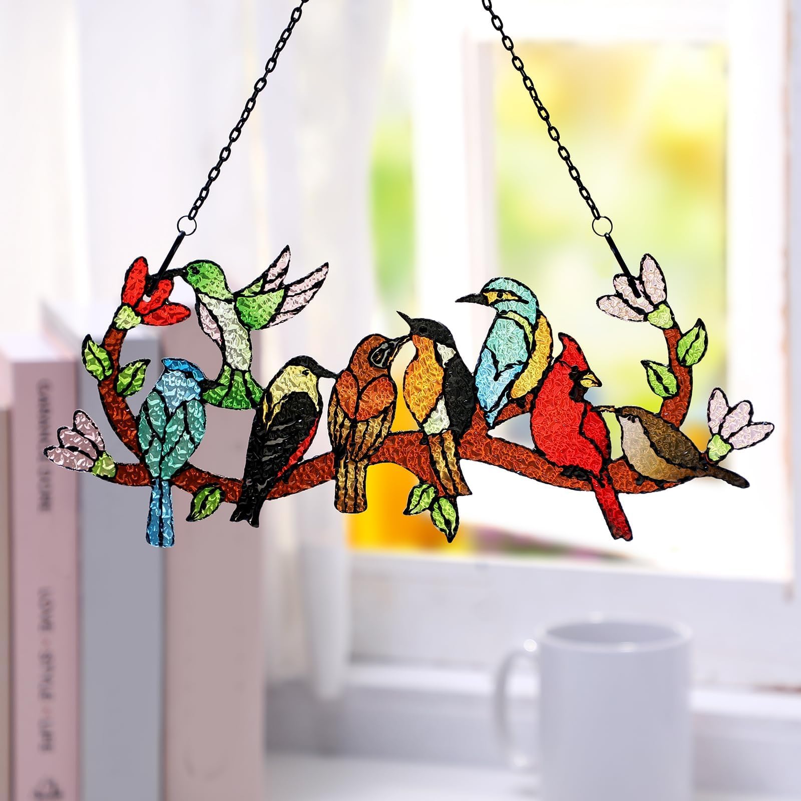 Stained Glass Birds on Branch Suncatcher, Cardinal Hummingbird Kingfisher Double Sided Window Hanging Ornament, Gift for Bird Lovers
