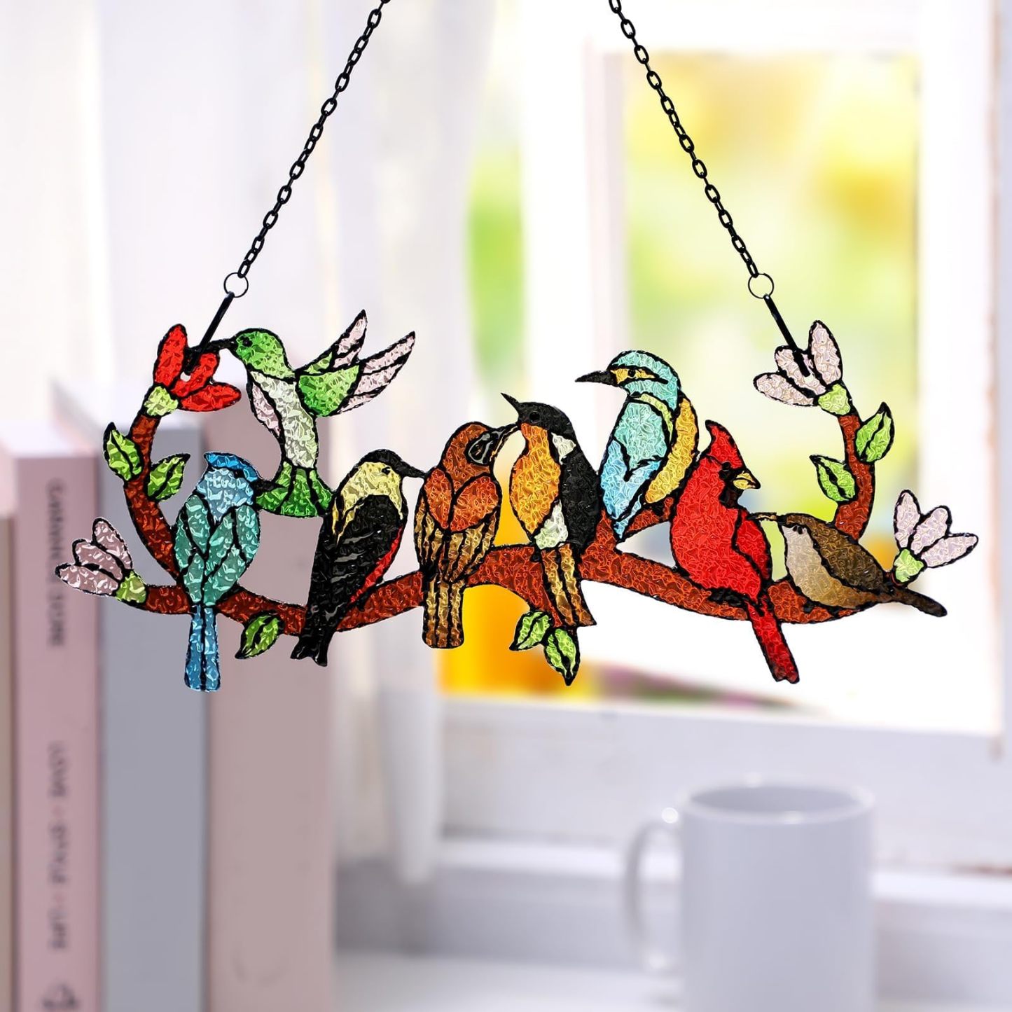 Stained Glass Birds on Branch Suncatcher, Cardinal Hummingbird Kingfisher Double Sided Window Hanging Ornament, Gift for Bird Lovers