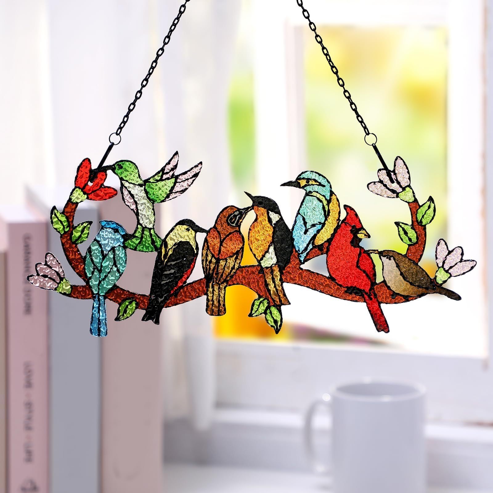 Stained Glass Birds on Branch Suncatcher, Cardinal Hummingbird Kingfisher Double Sided Window Hanging Ornament, Gift for Bird Lovers