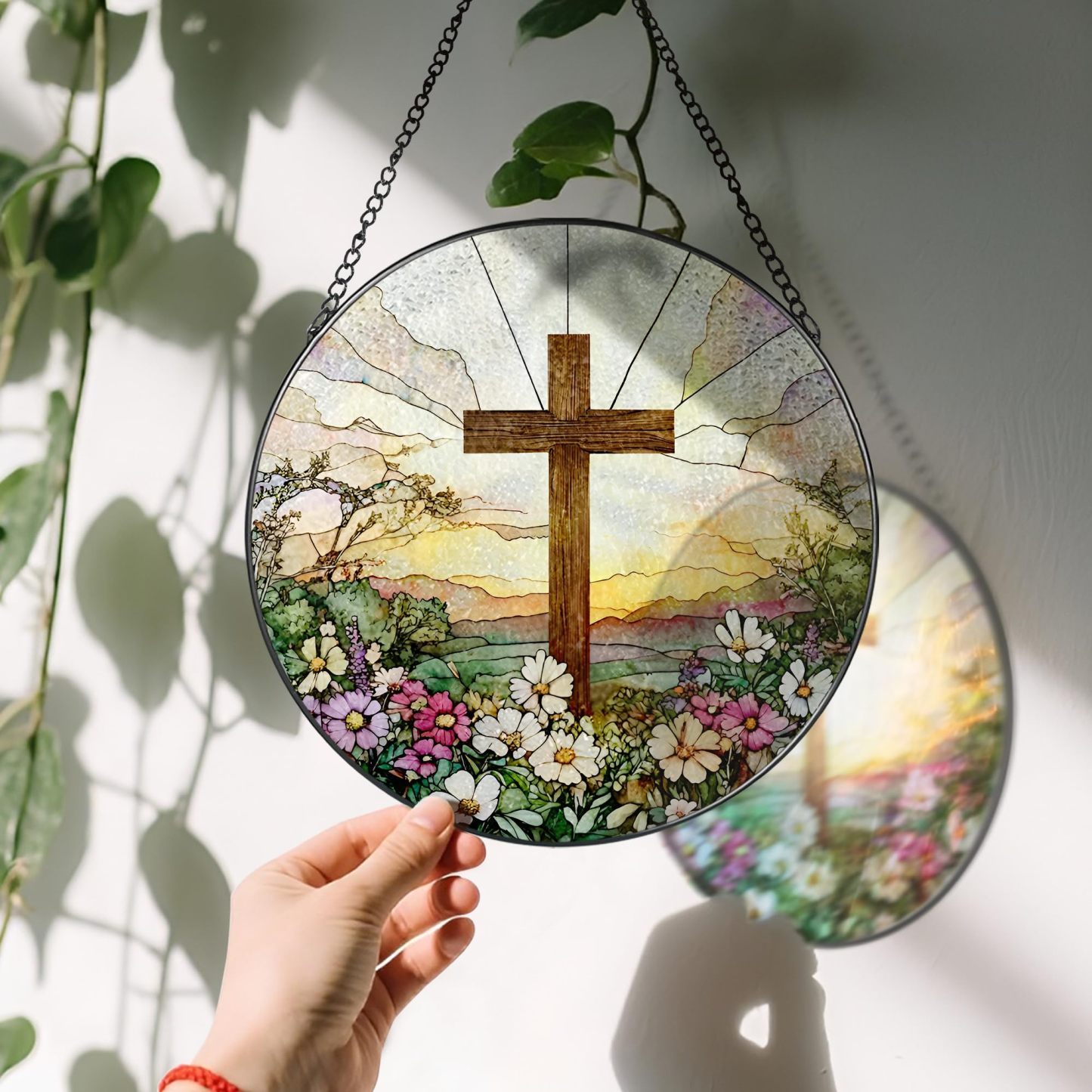 8 Inch Stained Glass Cross with Wildflowers Suncatcher, Christian Window Hanging Decor, Religious Easter & Faith Gift