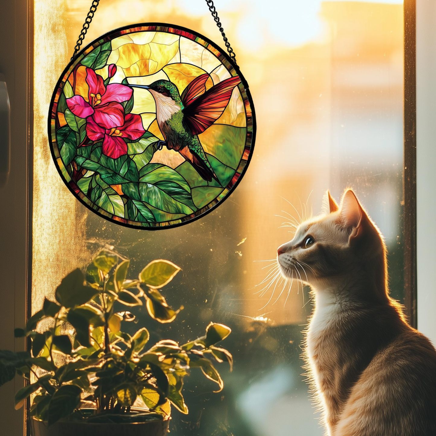 6.3 Inch Hummingbird & Red Flower Stained Glass Suncatcher, Window Hanging Ornament, Birthday & Mother’s Day Gift for Bird Lovers, Mom and Nana