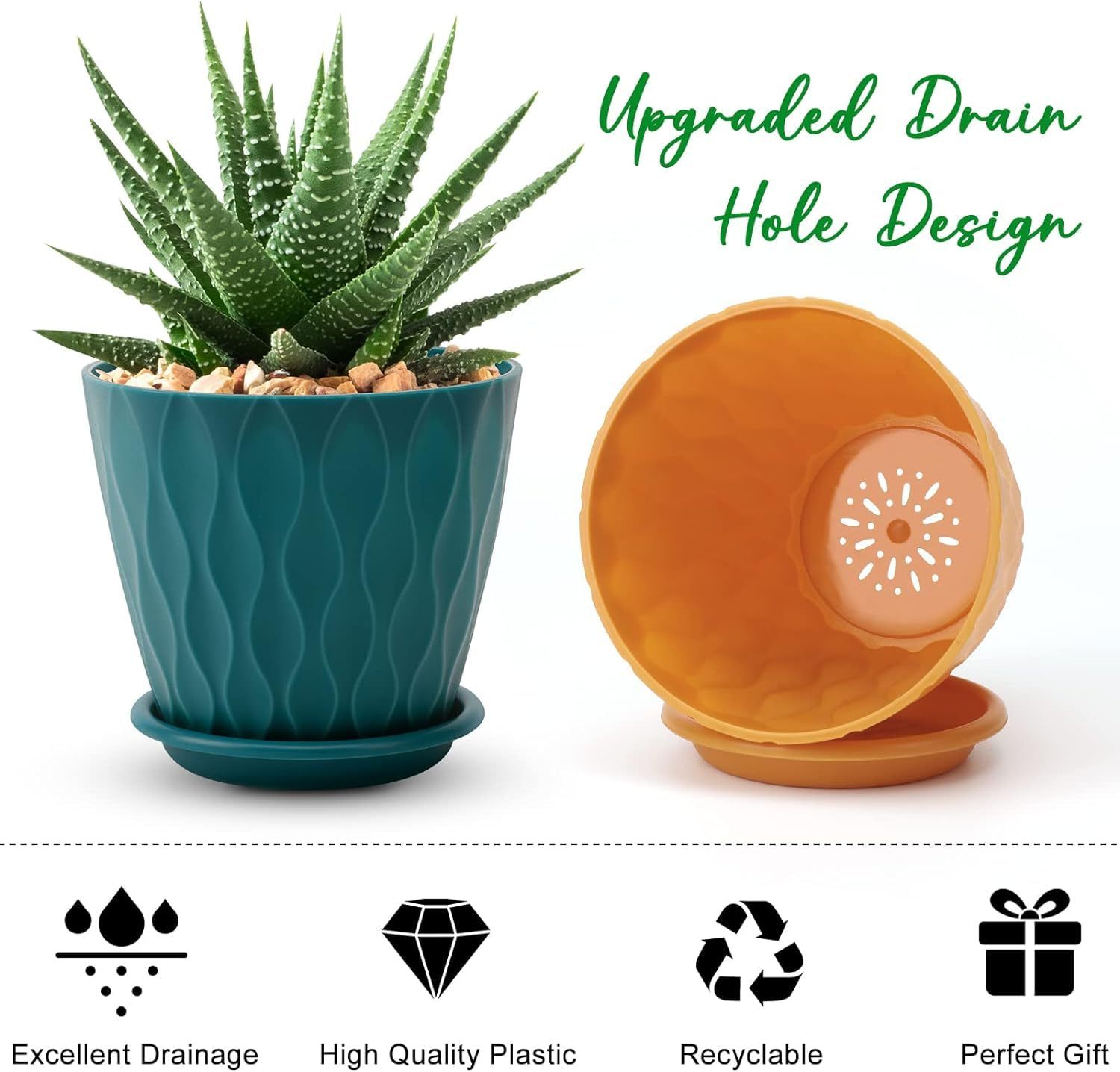 6 Inch Plant Pots 5 Pack Multicolor Indoor Outdoor Flower Pots, Planters with Drainage Holes & Saucers