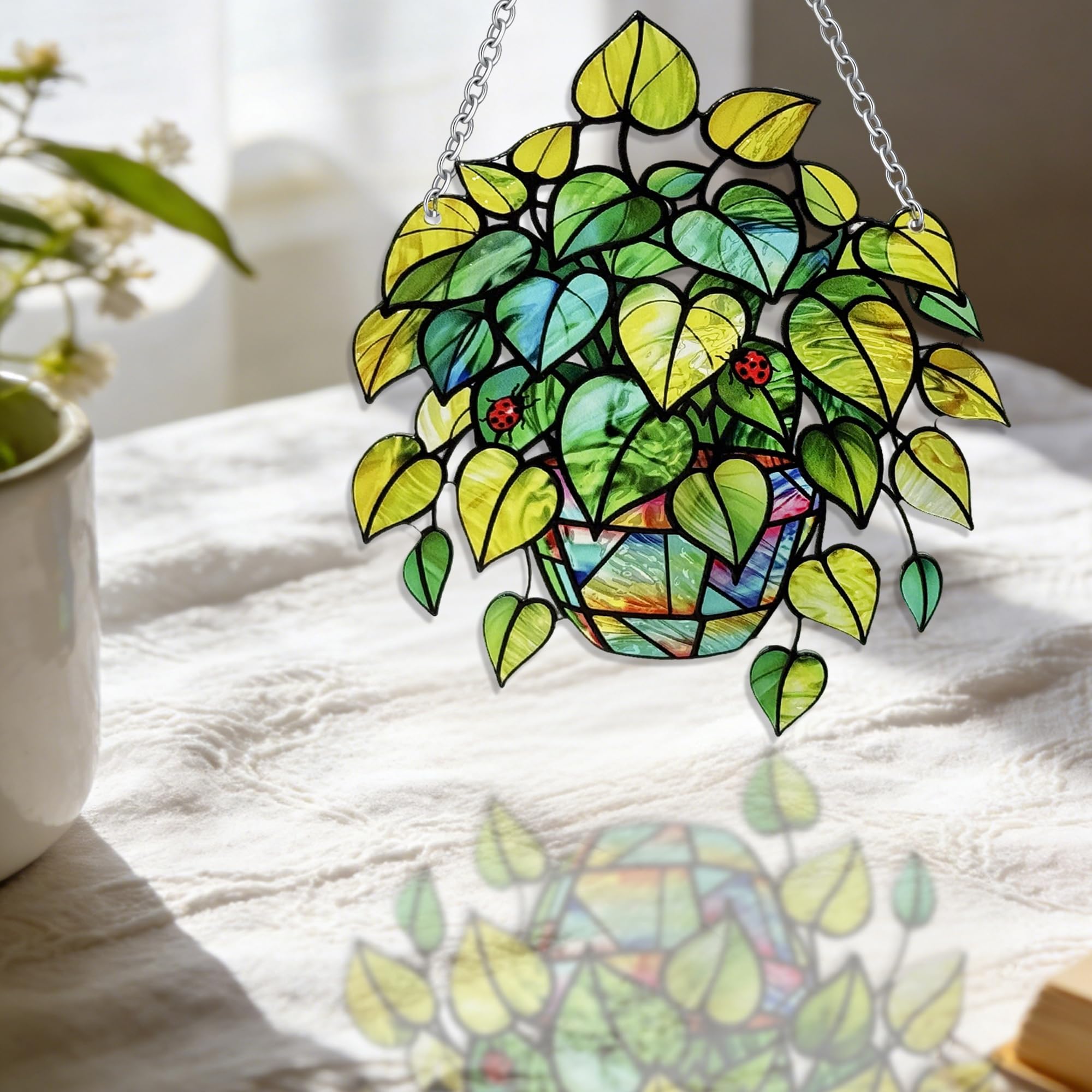 Leaf Plant Stained Glass Suncatcher, Window Hanging Ornament, Unique Gift for Nature Lovers
