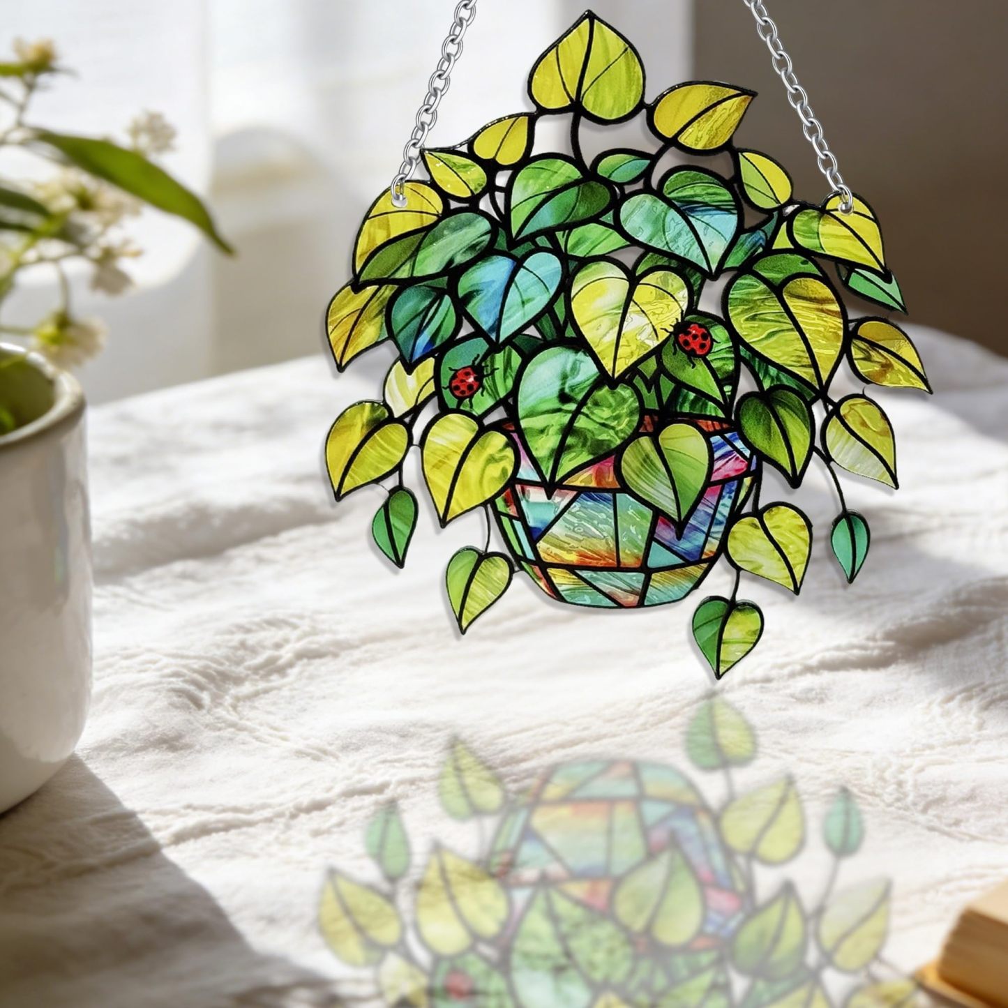 Leaf Plant Stained Glass Suncatcher, Window Hanging Ornament, Unique Gift for Nature Lovers