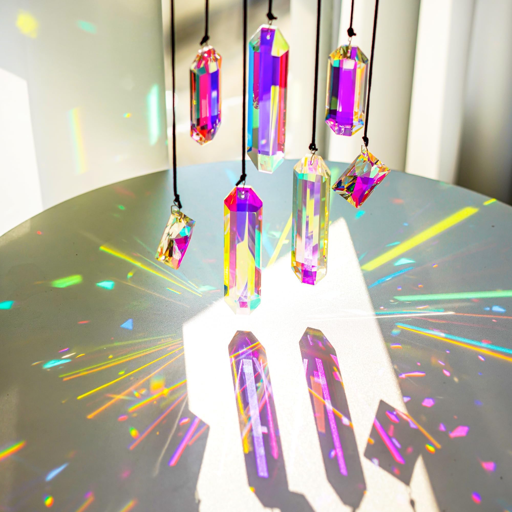Set of 7 AB Color Crystal Prism Suncatchers, Rainbow Maker Window Hanging Ornaments for Home & Garden Decor
