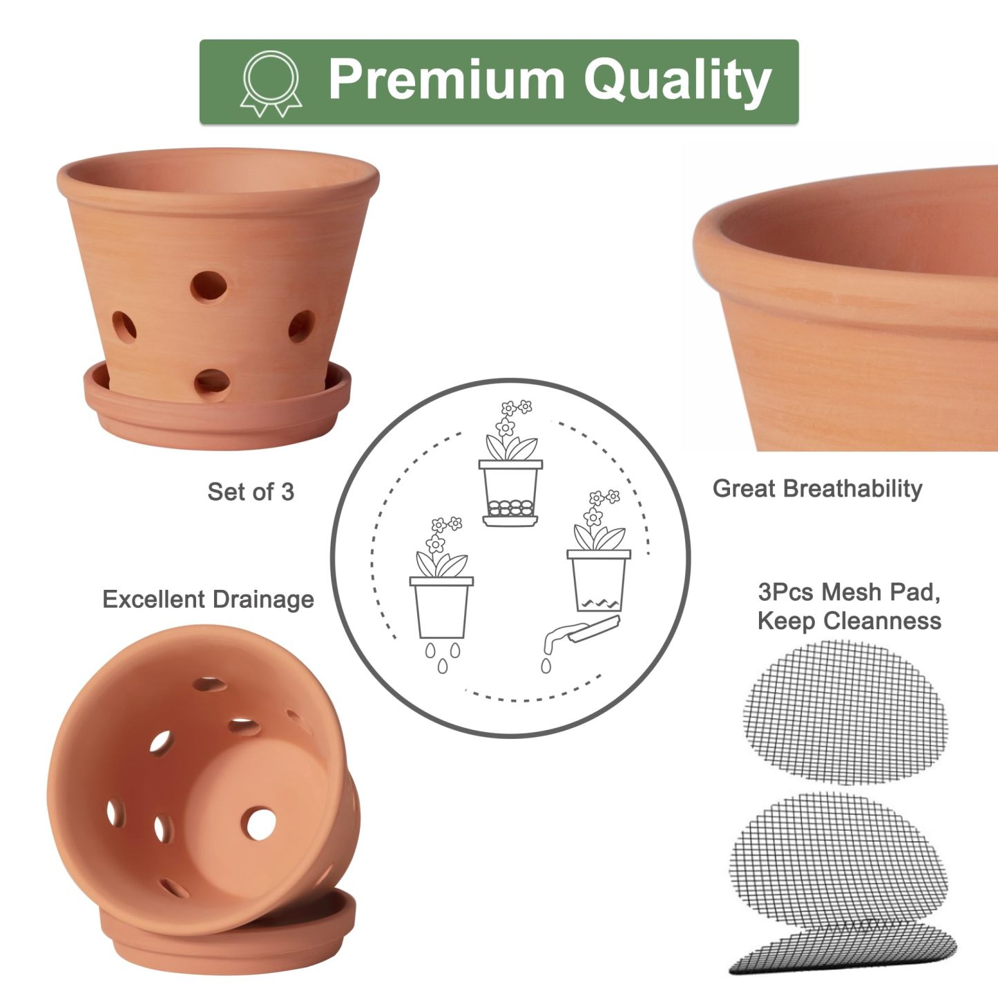 6 Inch Terracotta Orchid Pots with Drainage Holes & Saucers – 3 Pack Clay Planters for Repotting, Indoor & Outdoor Use