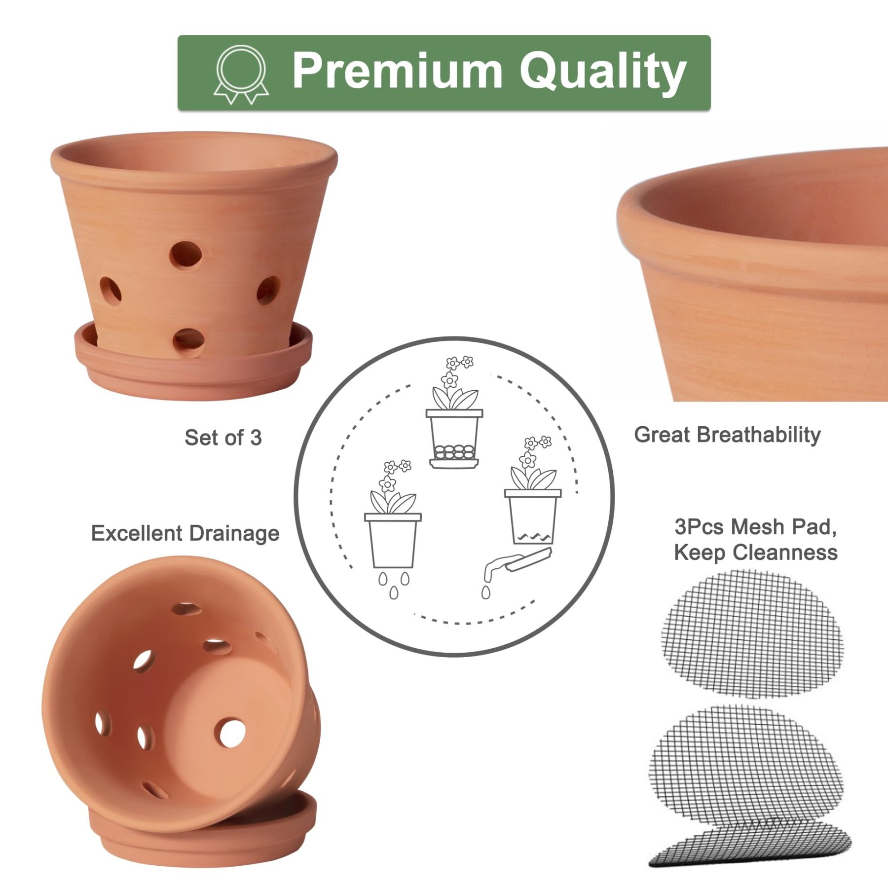 6 Inch Terracotta Orchid Pots with Drainage Holes & Saucers – 3 Pack Clay Planters for Repotting, Indoor & Outdoor Use