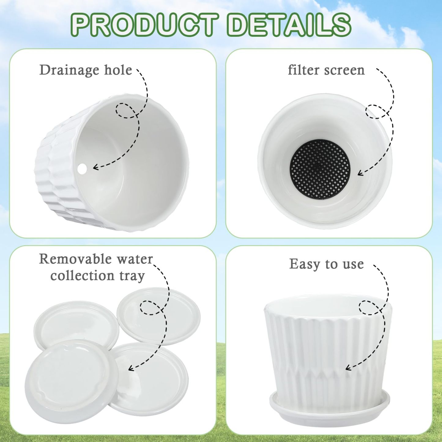 4 Pack 5.5 Inch White Ceramic Planter Set – Cylinder Pots with Connected Saucer  for Succuelnt and Little Snake Plants