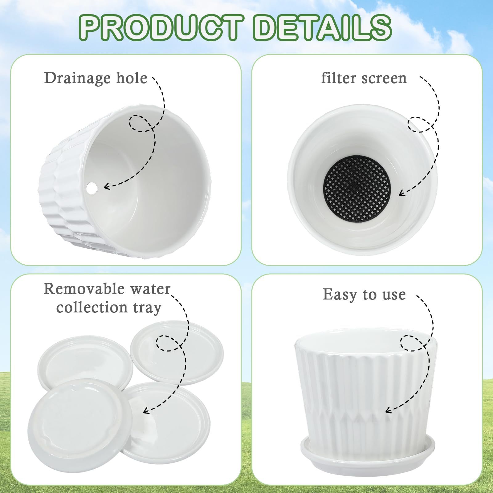 4 Pack 5.5 Inch White Ceramic Planter Set – Cylinder Pots with Connected Saucer  for Succuelnt and Little Snake Plants