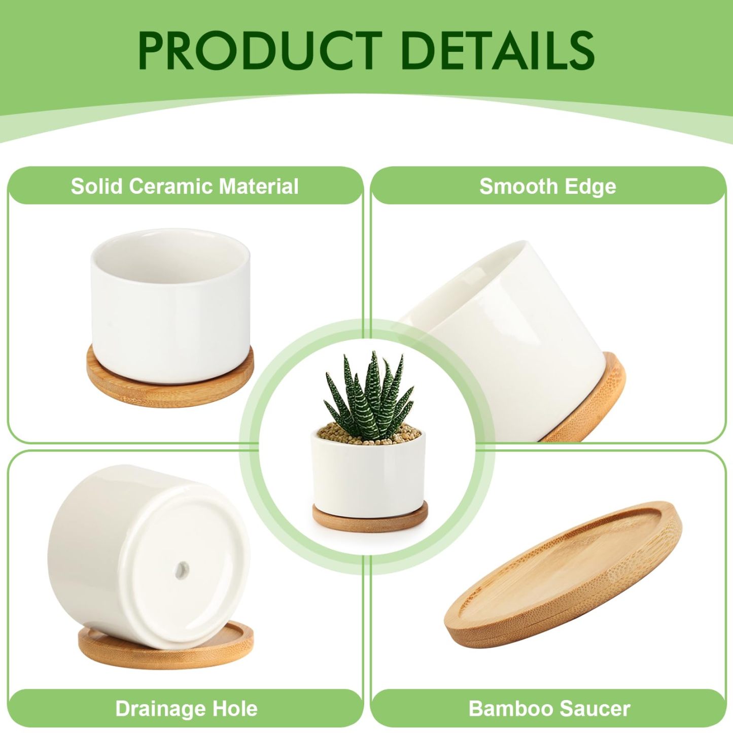 Ceramic Succulent Pots, 3.6 Inch Small Ceramic Plant Pots – 6 Pack White Succulent Planters with Drainage & Bamboo Tray for Home & Office