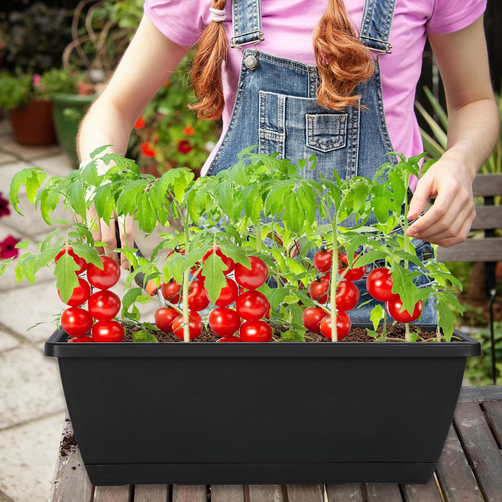 12 Pack 17 Inch Rectangle Plastic Planter Boxes with Drainage Holes & Trays – Flower Pots for Indoor & Outdoor Patio, Garden, Porch & Home Decor