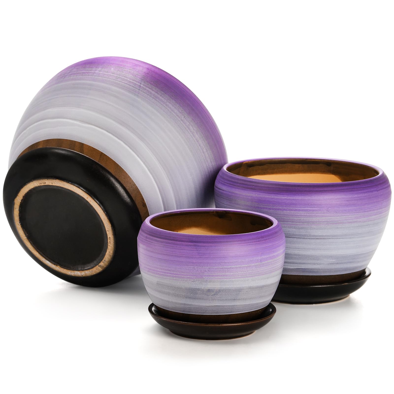 Set of 3 Ceramic Flower Pots with Drainage Holes & Saucers, 7/5/4 Inch Purple Round Planters for Succulents, Herbs, Cactus, Indoor & Outdoor Use