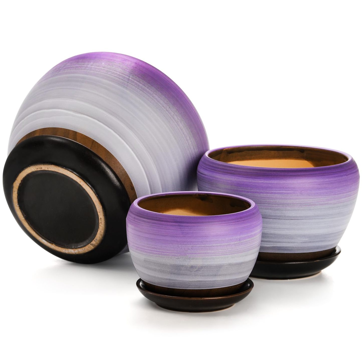 Set of 3 Ceramic Flower Pots with Drainage Holes & Saucers, 7/5/4 Inch Purple Round Planters for Succulents, Herbs, Cactus, Indoor & Outdoor Use