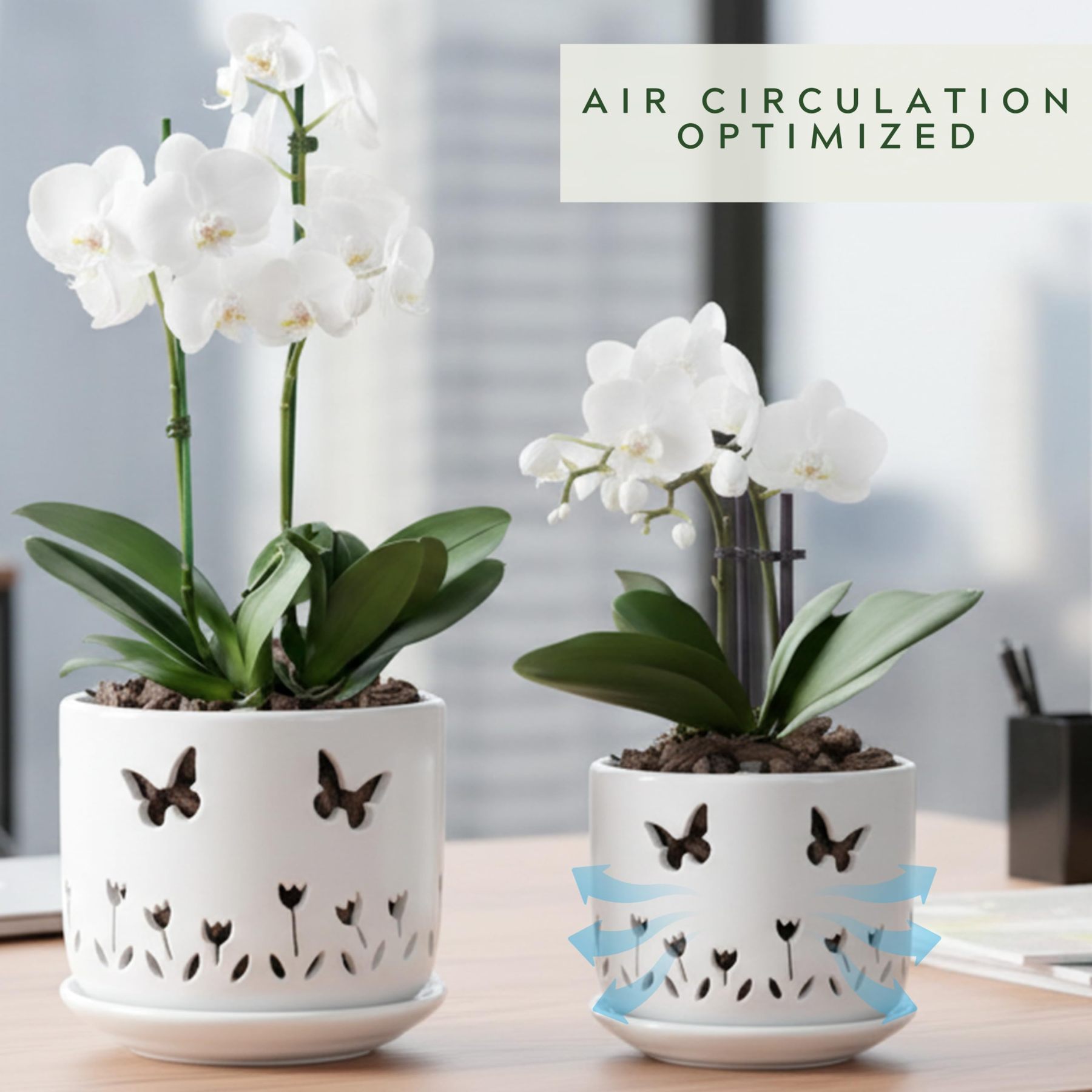 2 Pack White Ceramic Orchid Pots with Butterfly & Tulip Design, 5+6 Inch Planters with Drainage Holes & Saucers for Indoor Outdoor Repotting