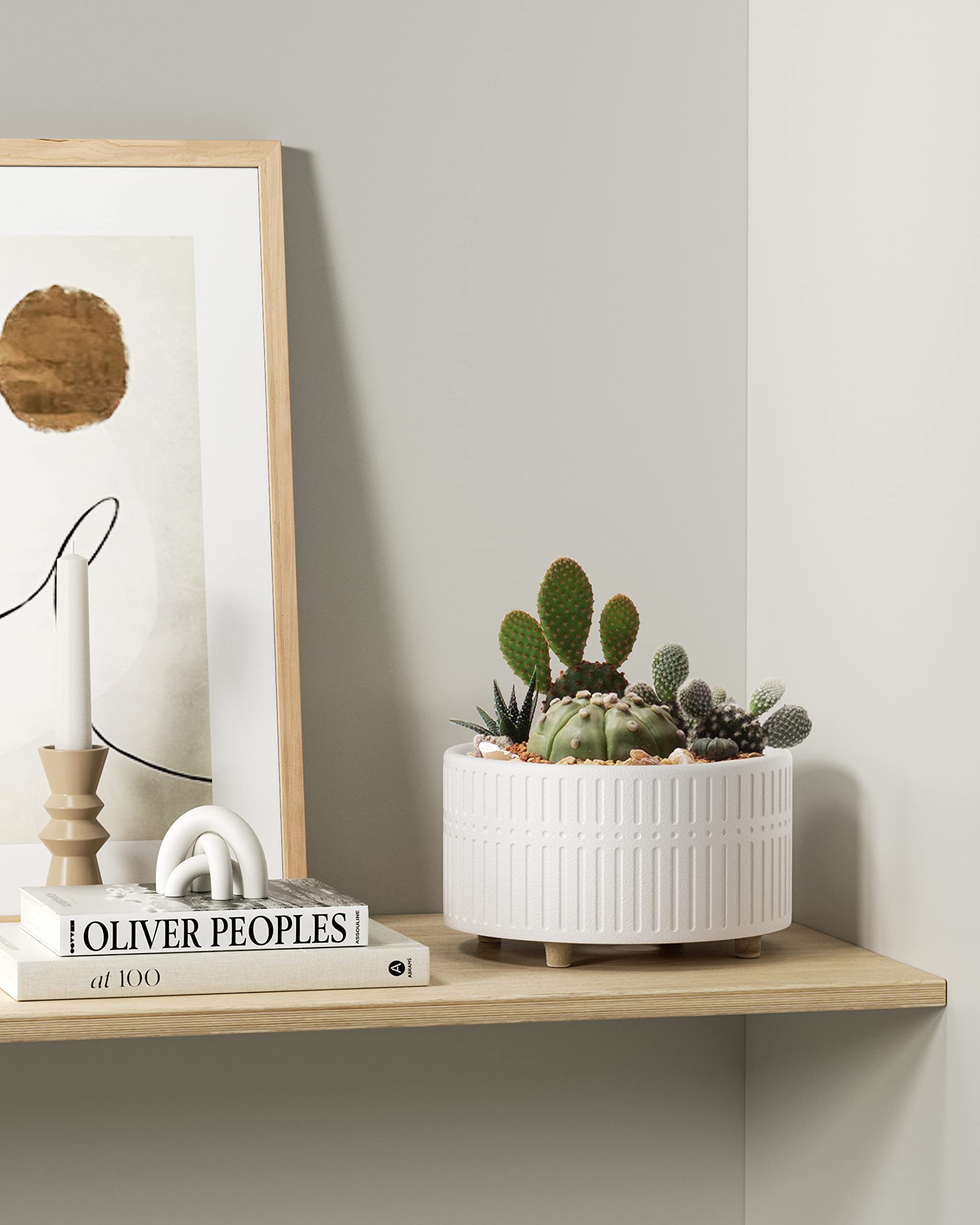 Succulent Pots Set of 2, 6.5+8 Inch Matte White Ceramic Planters, Shallow Round Succulent Planters with Drainage Hole for Indoor Use