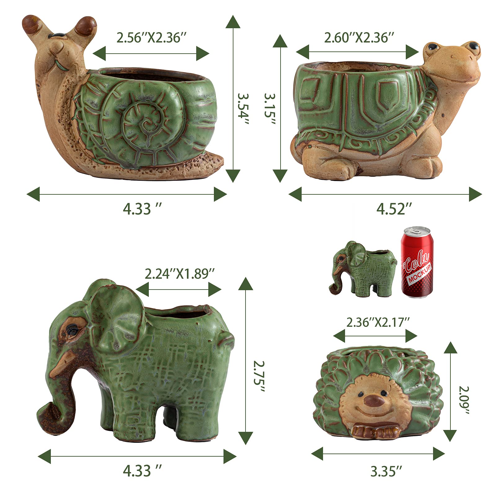 4-Pack Cute Ceramic Animal Succulent Pots with Drainage, Indoor Outdoor Small Planters for Cactus, Bonsai, Home & Office Desk Decor, Perfect Gift