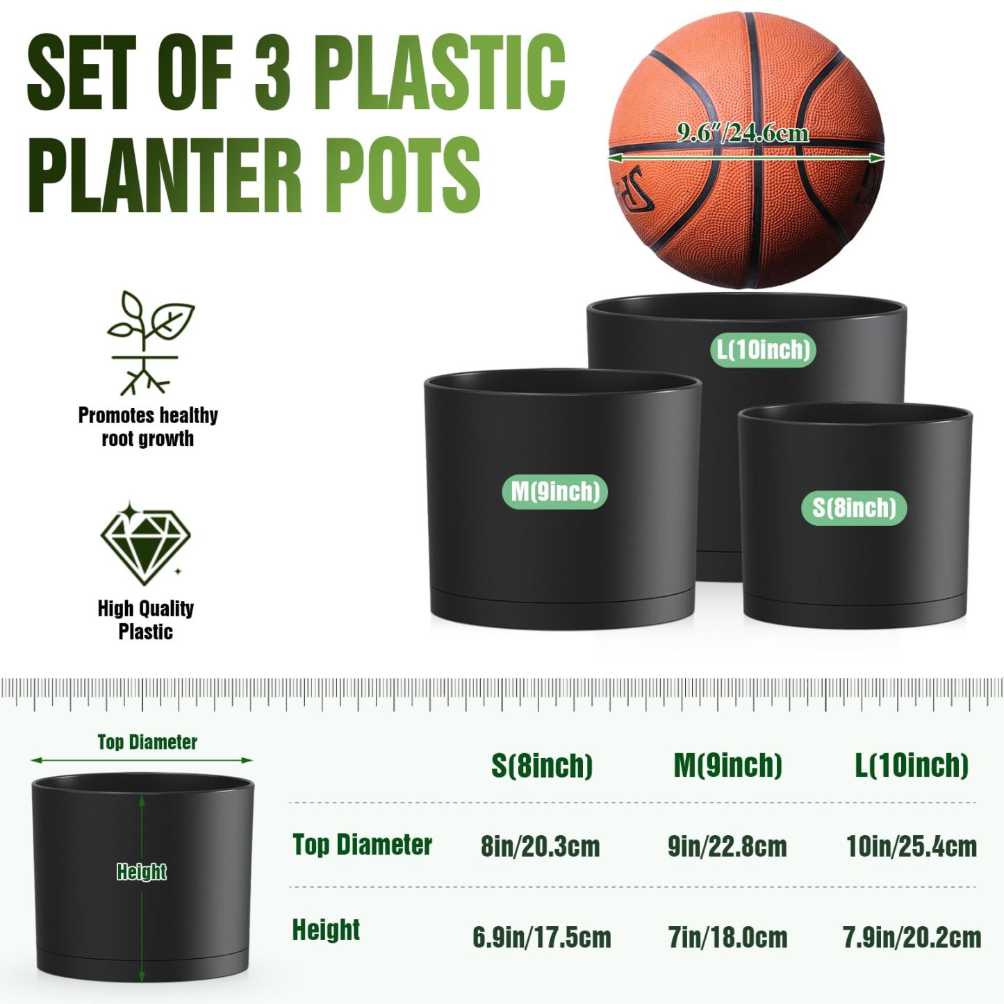 10/9/8 Inch Modern Cylinder Plant Pots with Drainage Holes & Trays, 3 Pack Minimalist Planters for Indoor & Outdoor Use, Perfect for Monstera, Snake Plant & More