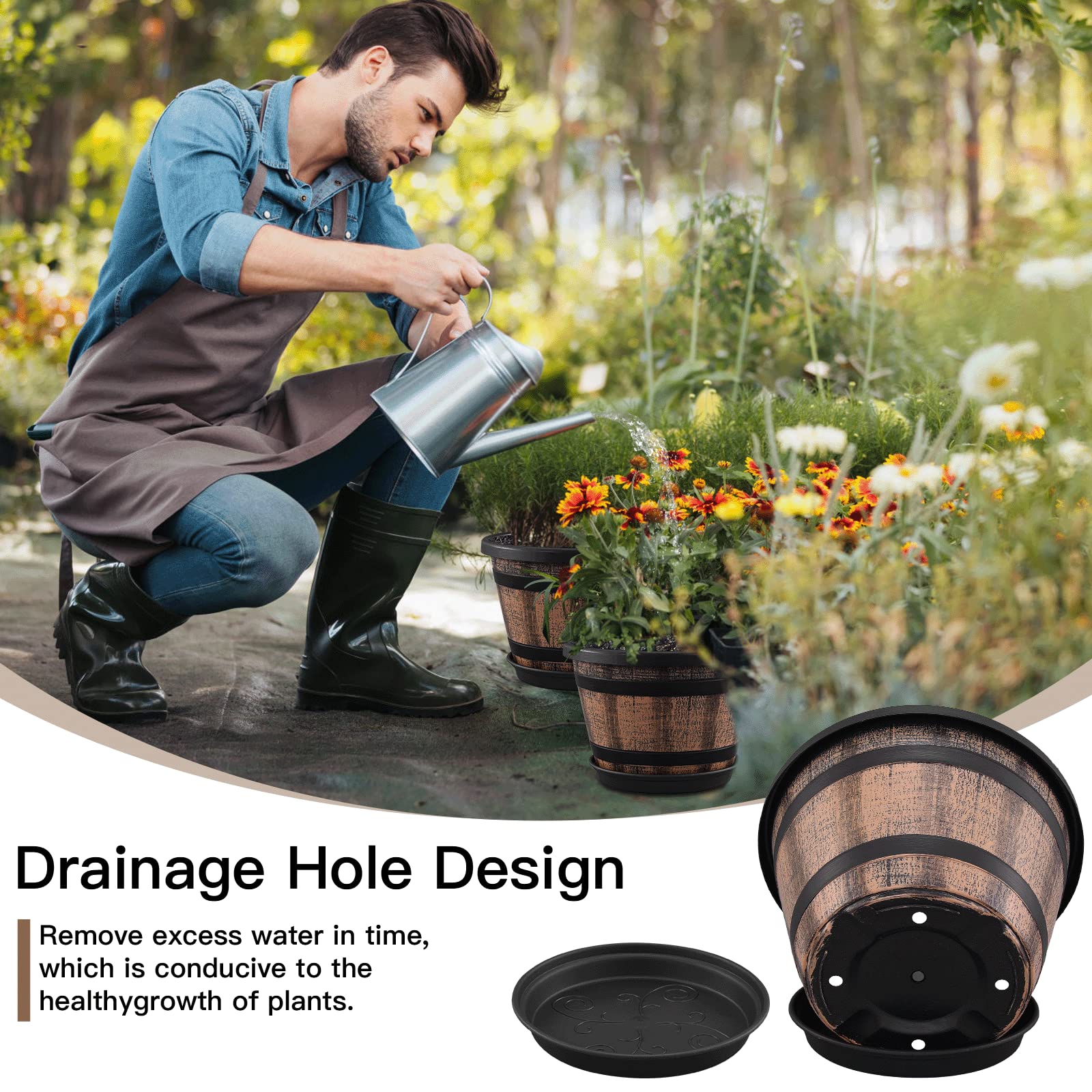 3 Pack 10 Inch Whiskey Barrel Planters, Plastic Flower Pots with Drainage Holes & Saucers, Imitation Wine Barrel Design for Indoor & Outdoor Garden & Home Decor (Brown)