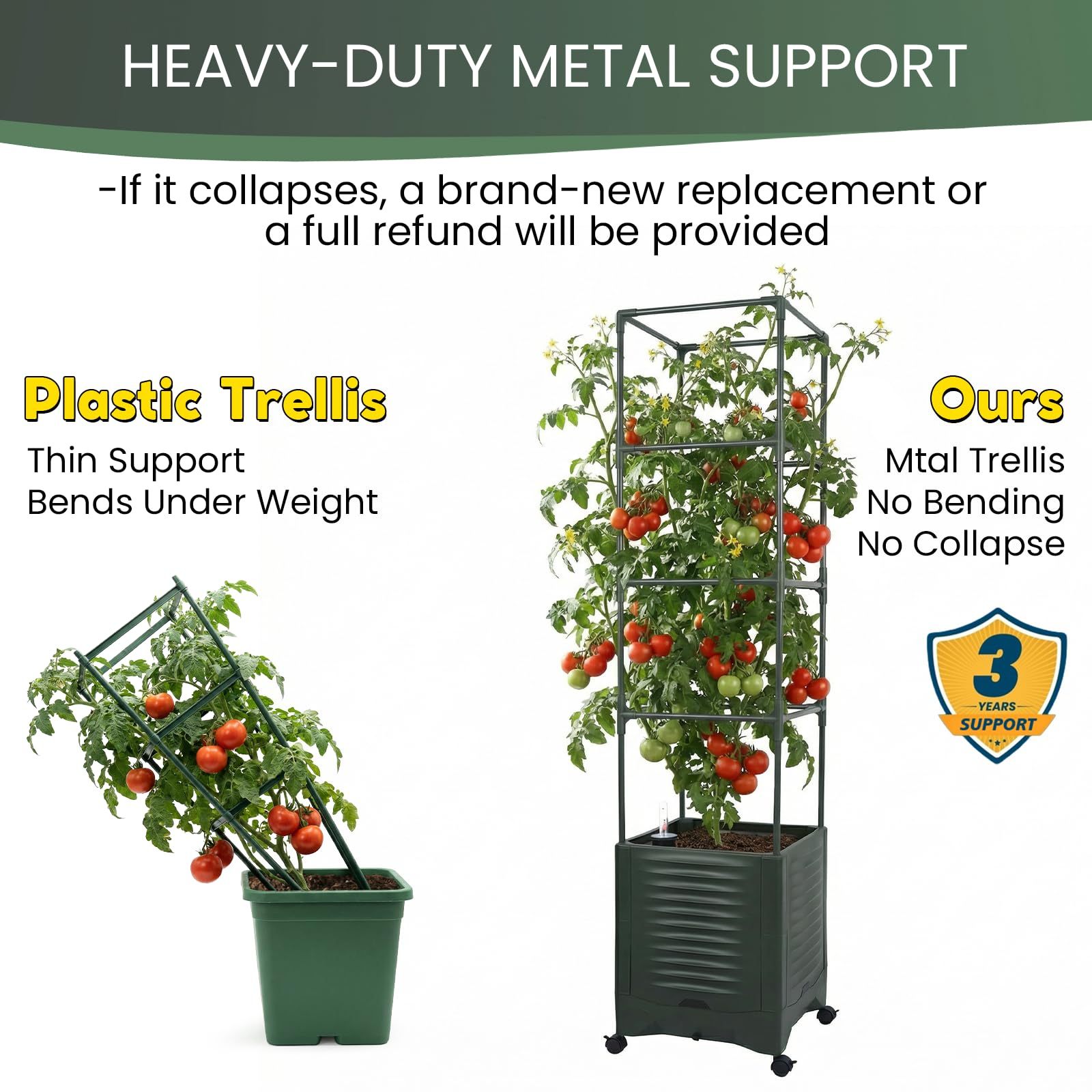 56.5" Tall Tomato Planter Pot with Self-Watering System & Water Level Indicator, Raised Garden Bed with Metal Trellis for Climbing Plants, Large Water Reservoir Planter for Indoor & Outdoor Use (Single Planter)