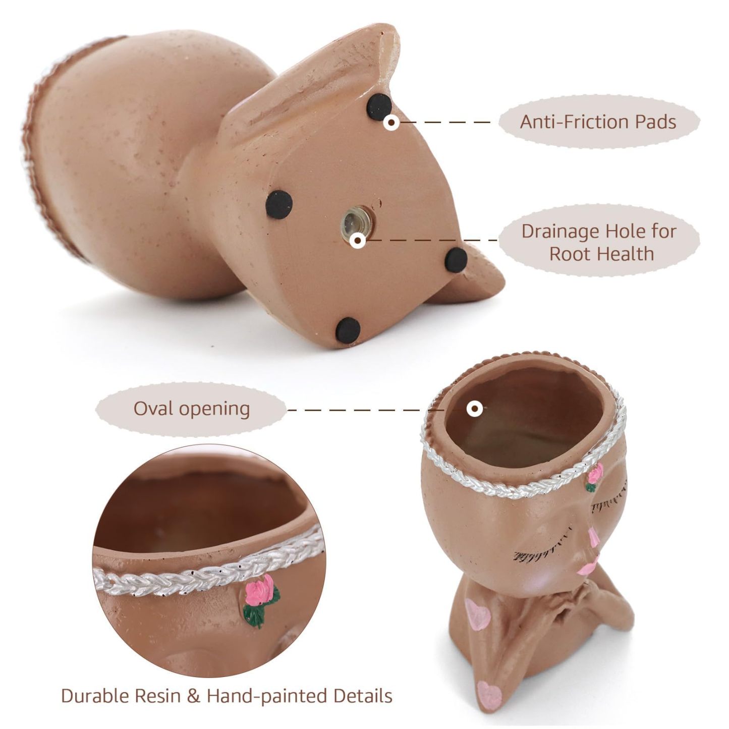 7.3" Heart Hands Face Planter Pot, Resin Head Planter with Drainage Hole, Cute Succulent Planter for Indoor Plants, Gardening Gift for Women, Mom & Teacher