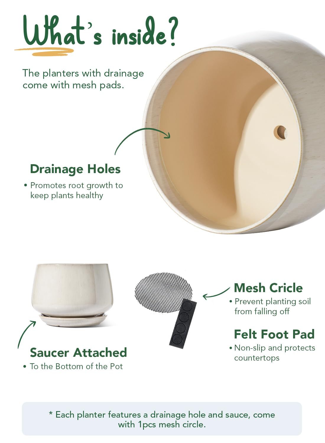 10 Inch Ceramic Planter with Drainage Hole & Saucer – Reactive Glaze Beige Indoor Plant Pot for Modern Home Decor