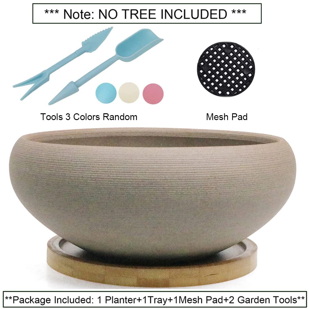 8 Inch Round Unglazed Ceramic Bonsai Pot with Bamboo Tray, Large Rough Pottery Succulent Planter with Drainage Hole