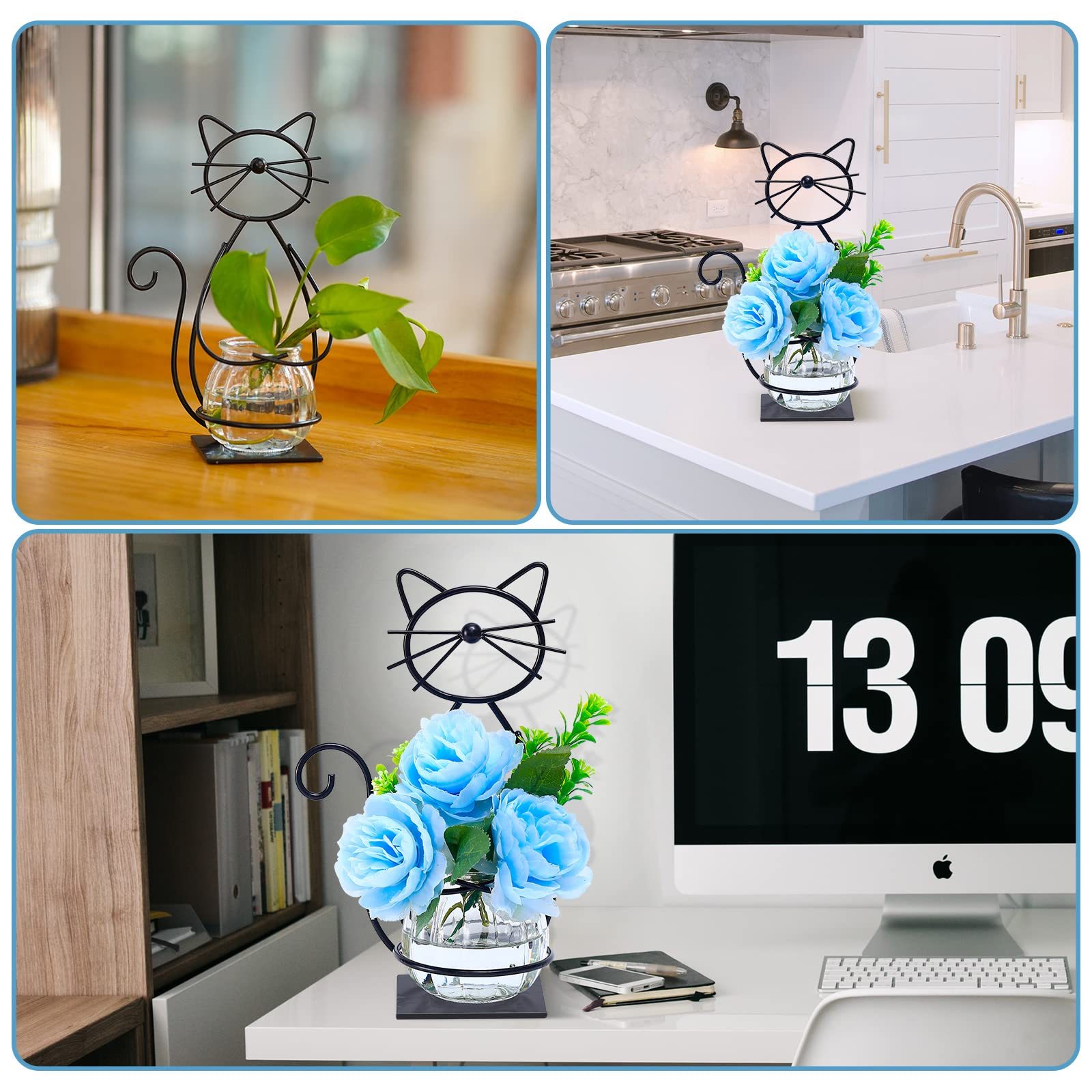Metal Cat Desktop Glass Planter Vase Holder, Creative Plant Terrarium Stand for Home Patio Lawn Garden Decor