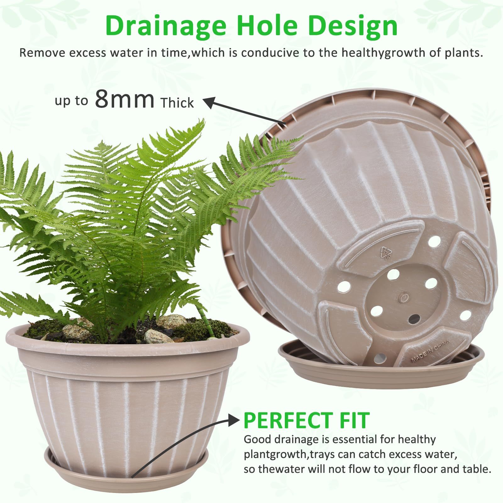 10 Inch Flower Pots 4 Pack, Modern Resin Planters with Drainage Holes & Saucers, Decorative Indoor Outdoor Garden Pots in Beige