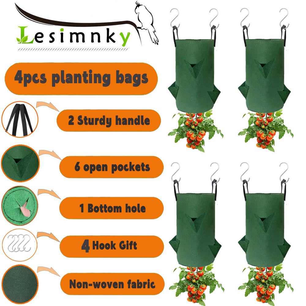 4 Pack Hanging Upside Down Strawberry Planters, 3 Gallon Grow Bags with 6 Planting Holes & 4 Hooks, Upside Down Hanging Planter Bags for Tomatoes & Vegetables (Dark Green)