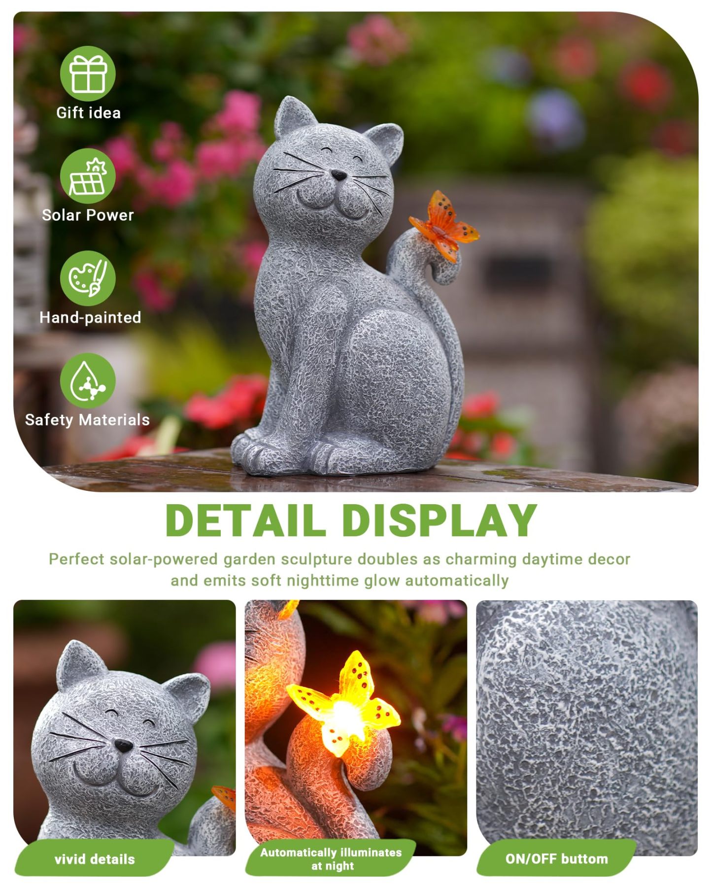 Cat Garden Statue with Butterfly, Outdoor Yard Lawn Patio Decor Ornament, Ideal Gift for Mom, Grandma and Women