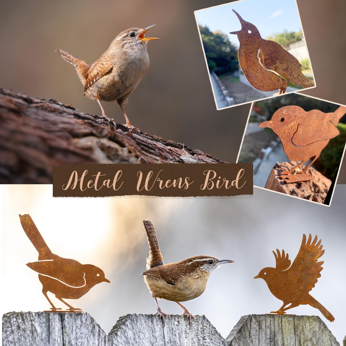 5 PCS Rustic Metal Bird Wall Decor, Outdoor Fence & Yard Art Sculptures, Rusty Garden Hanging Ornaments