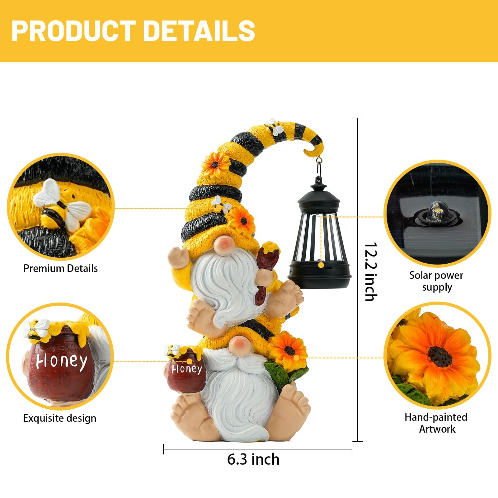 Solar Stacked Bee Gnome Statue with LED Lantern, Waterproof Resin Outdoor Yard Patio Decor, Unique Gift for Women, Mom and Grandma