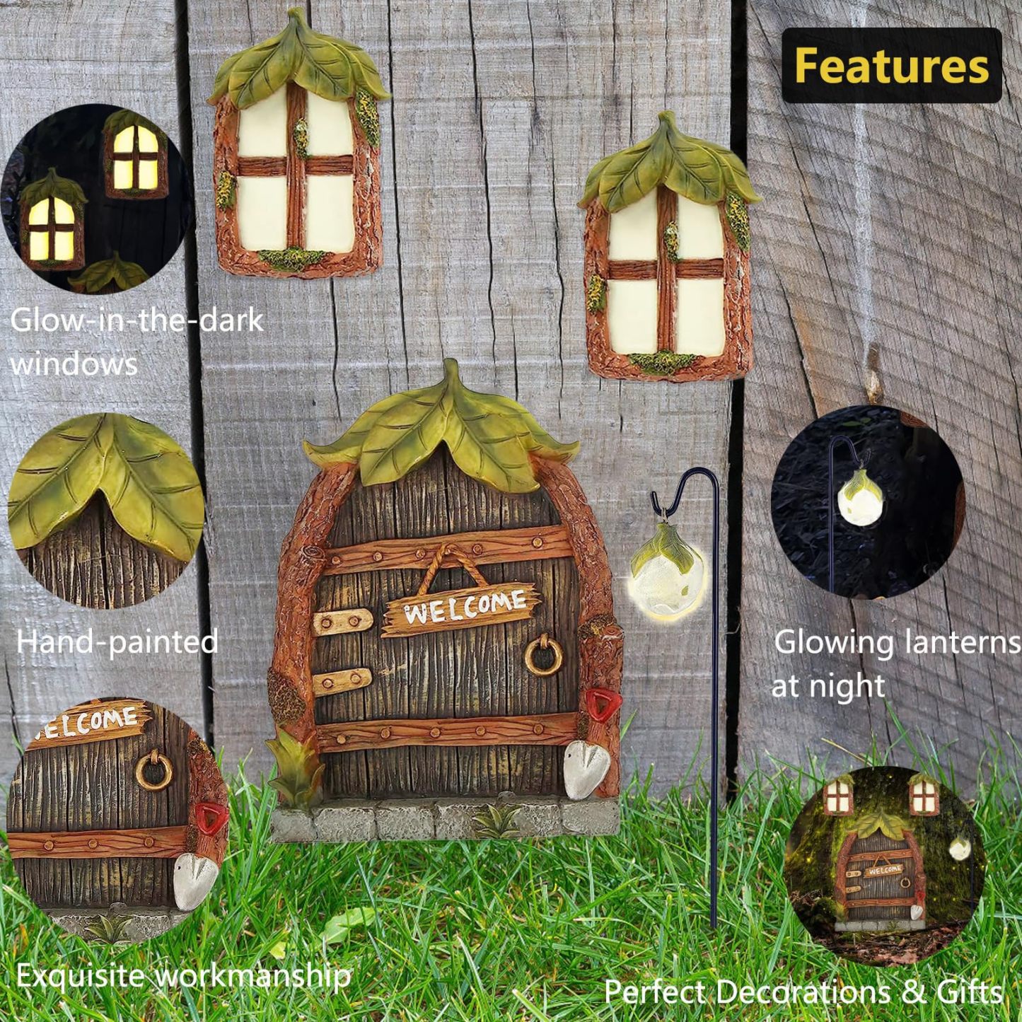Glow in the Dark Fairy Door & Windows for Trees, Miniature Garden Decor with Lantern, Outdoor Yard Lawn Sculpture Ornament