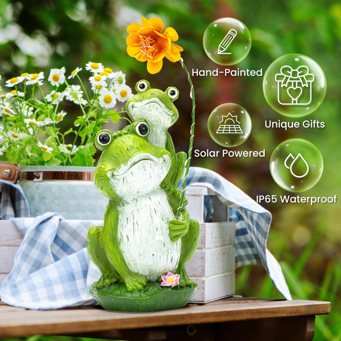 Solar Loving Frog Garden Statue with LED Light, Outdoor Waterproof Garden Figurine, Yard Patio Decor & Perfect Gardening Gift for Women